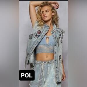 POL Blue Denim Vest with Embroidered Accents